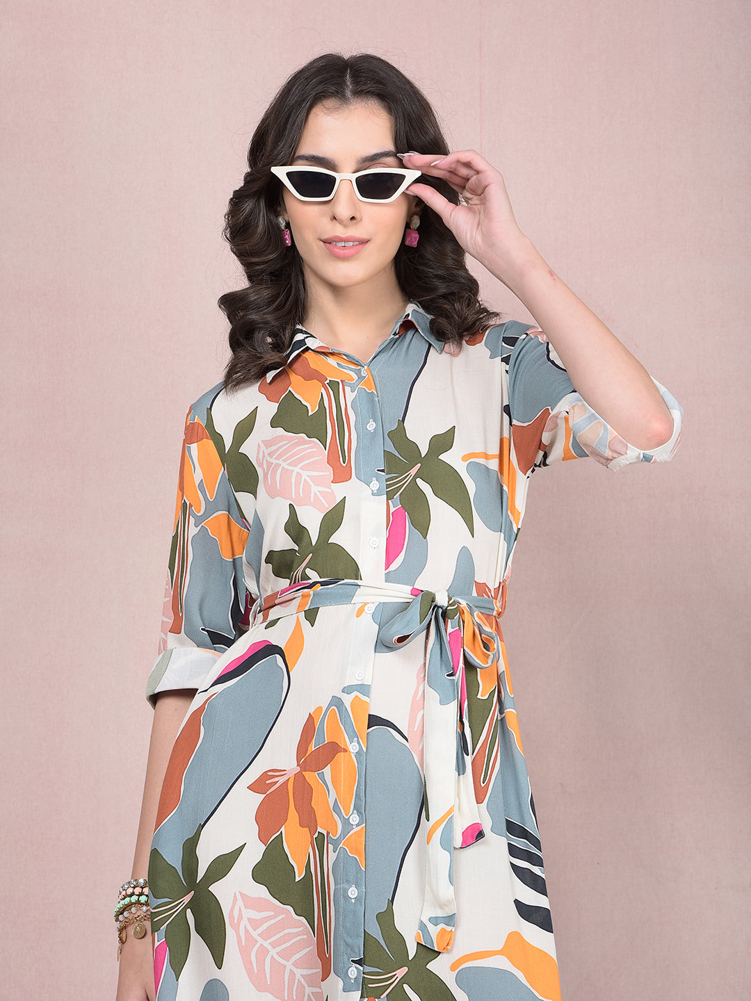 Multi-Color Floral Print Shirt Dress with Belt-Women Dresses-Crimsoune Club