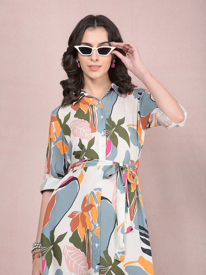 Multi-Color Floral Print Shirt Dress with Belt-Women Dresses-Crimsoune Club