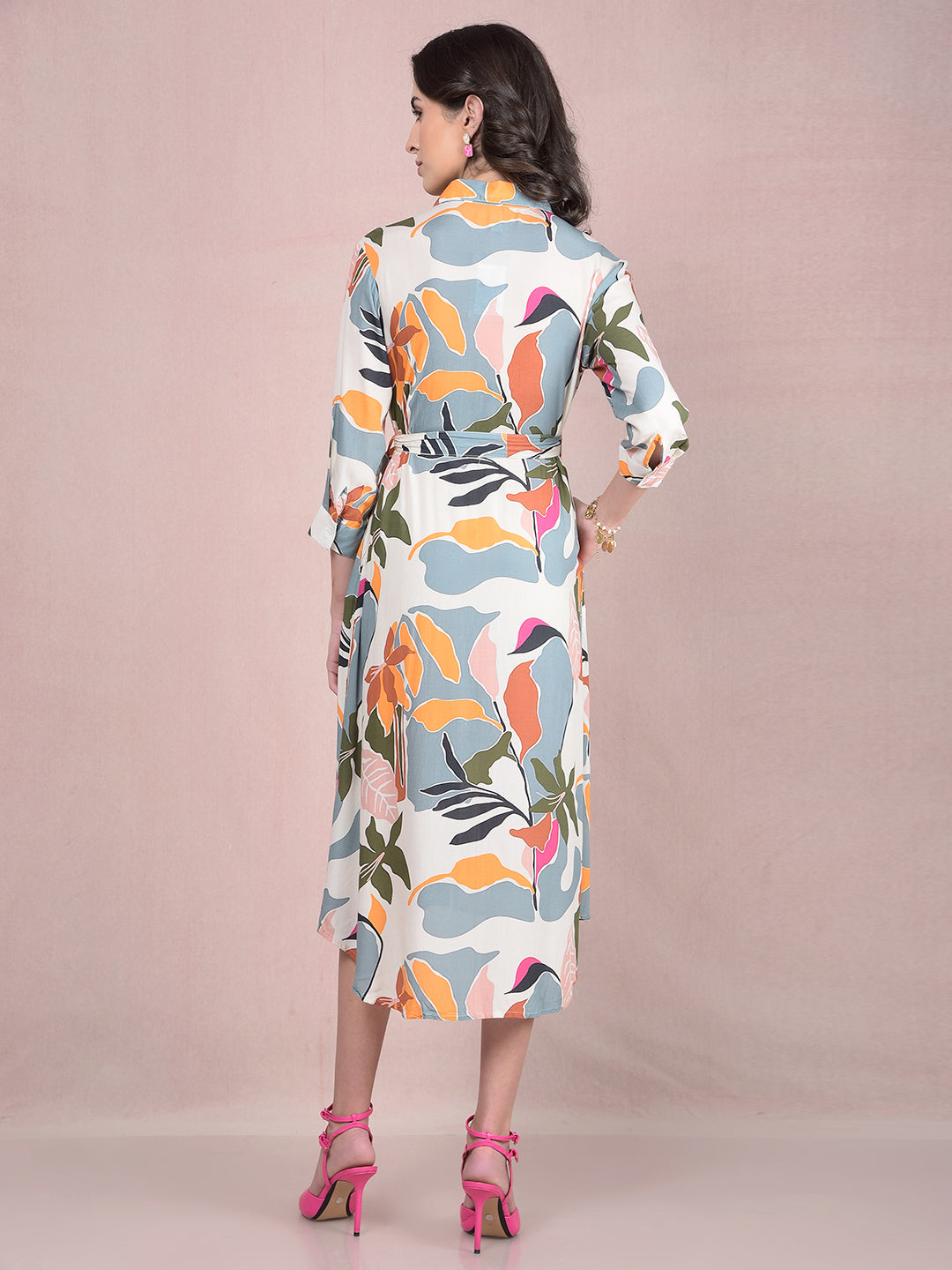 Multi-Color Floral Print Shirt Dress with Belt-Women Dresses-Crimsoune Club