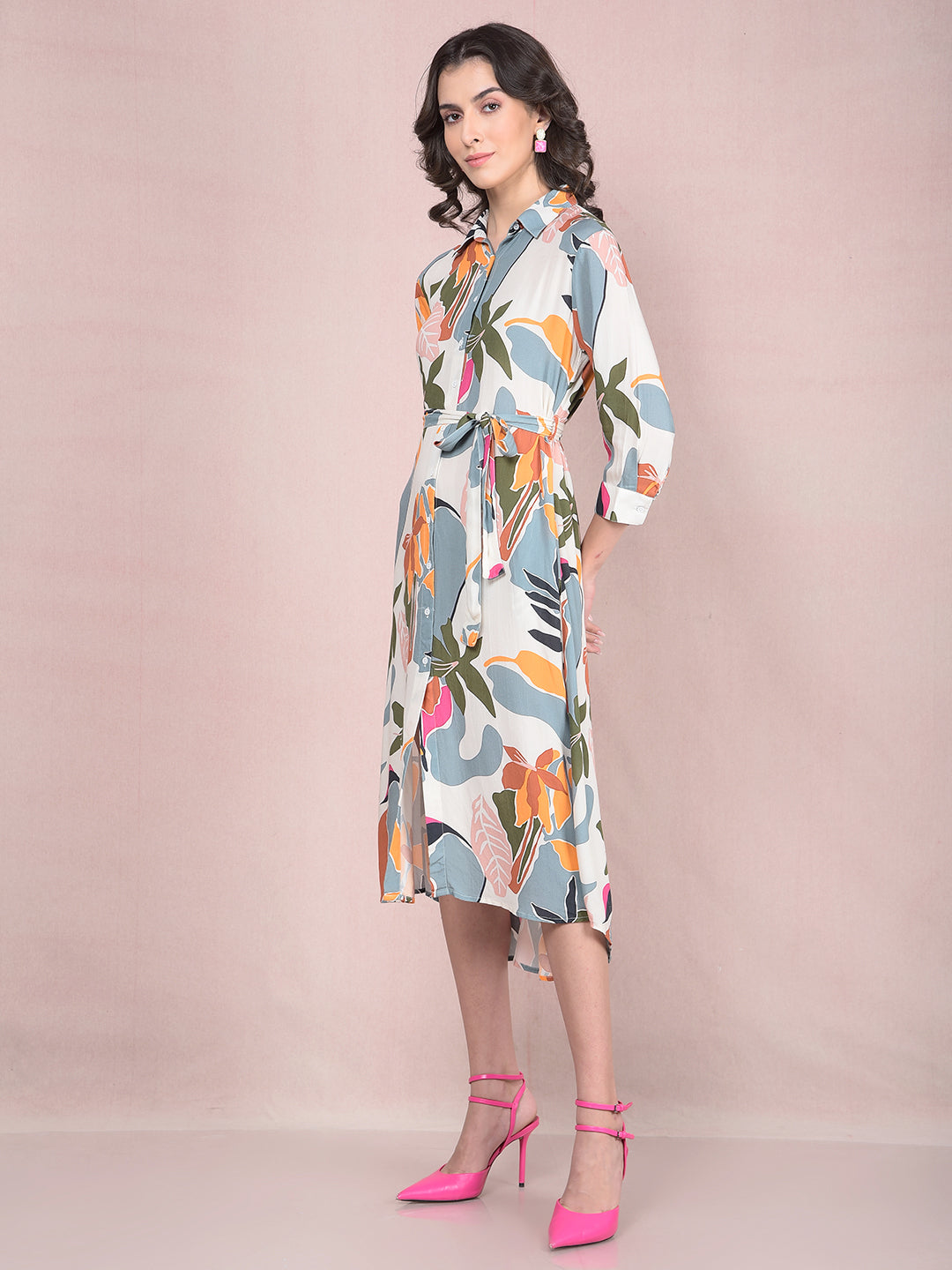 Multi-Color Floral Print Shirt Dress with Belt-Women Dresses-Crimsoune Club
