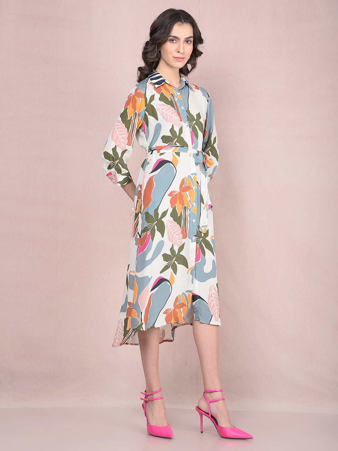 Multi-Color Floral Print Shirt Dress with Belt-Women Dresses-Crimsoune Club