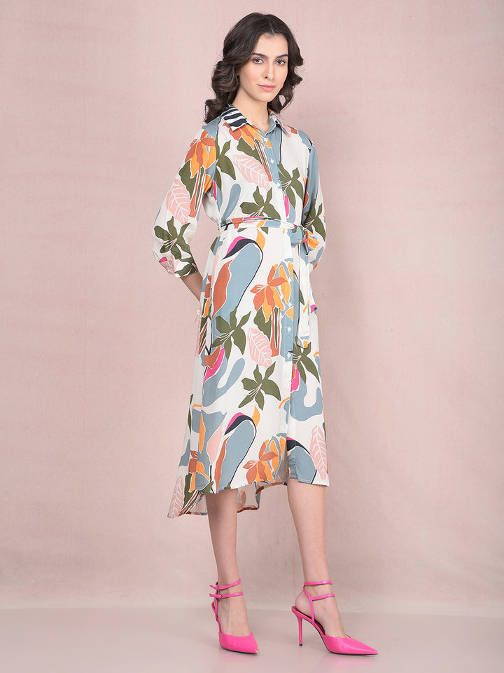 Multi-Color Floral Print Shirt Dress with Belt-Women Dresses-Crimsoune Club