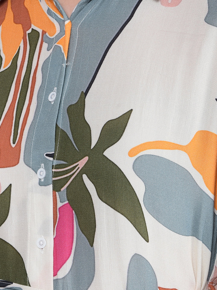 Multi-Color Floral Print Shirt Dress with Belt-Women Dresses-Crimsoune Club