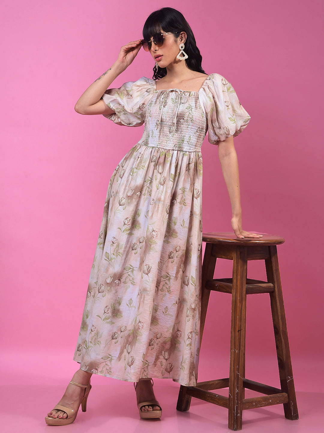 Brown Floral Print A-Line Off-Shoulder Dress-Women Dresses-Crimsoune Club