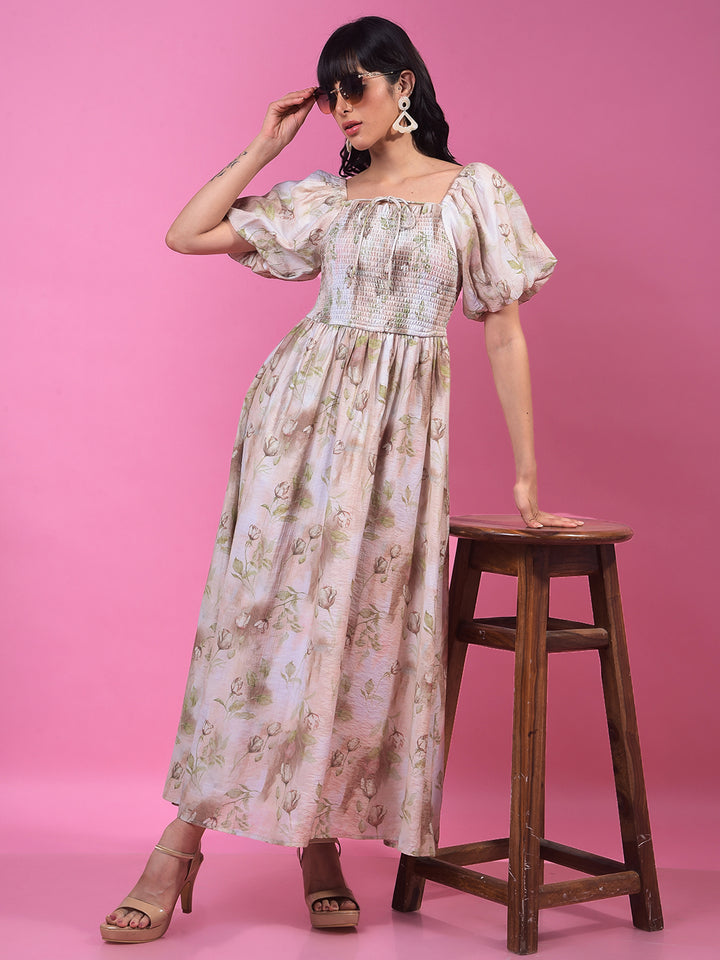 Brown Floral Print A-Line Off-Shoulder Dress-Women Dresses-Crimsoune Club