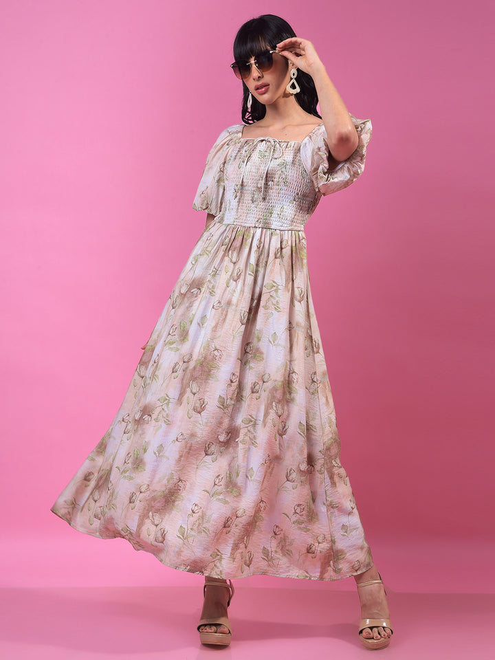 Brown Floral Print A-Line Off-Shoulder Dress-Women Dresses-Crimsoune Club
