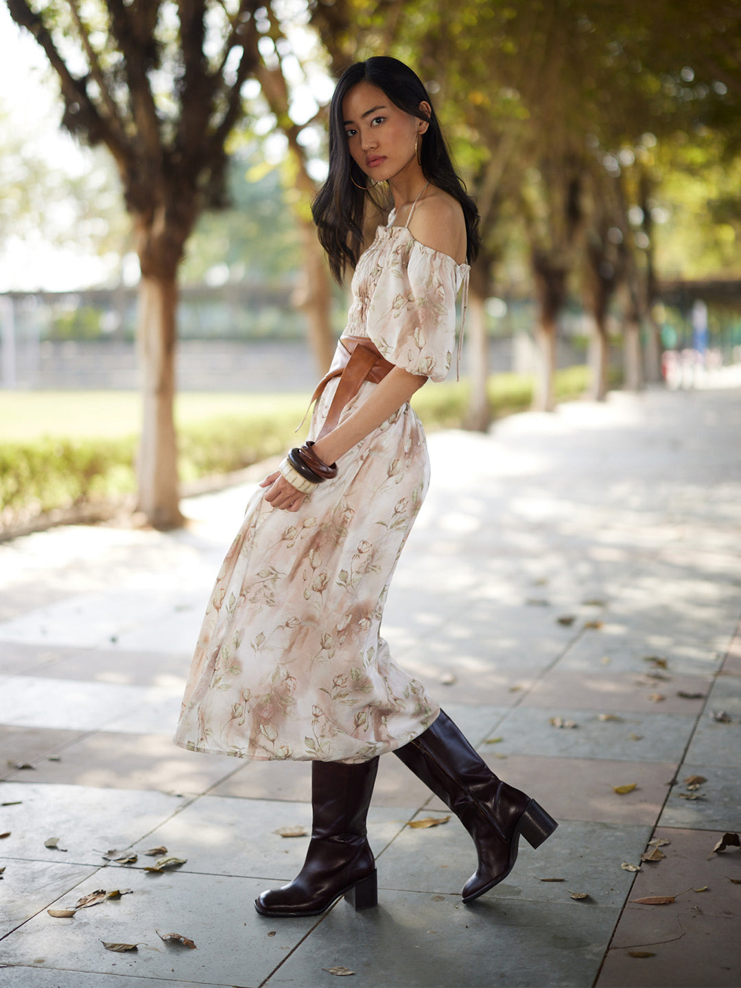 Brown Floral Print A-Line Off-Shoulder Dress-Women Dresses-Crimsoune Club