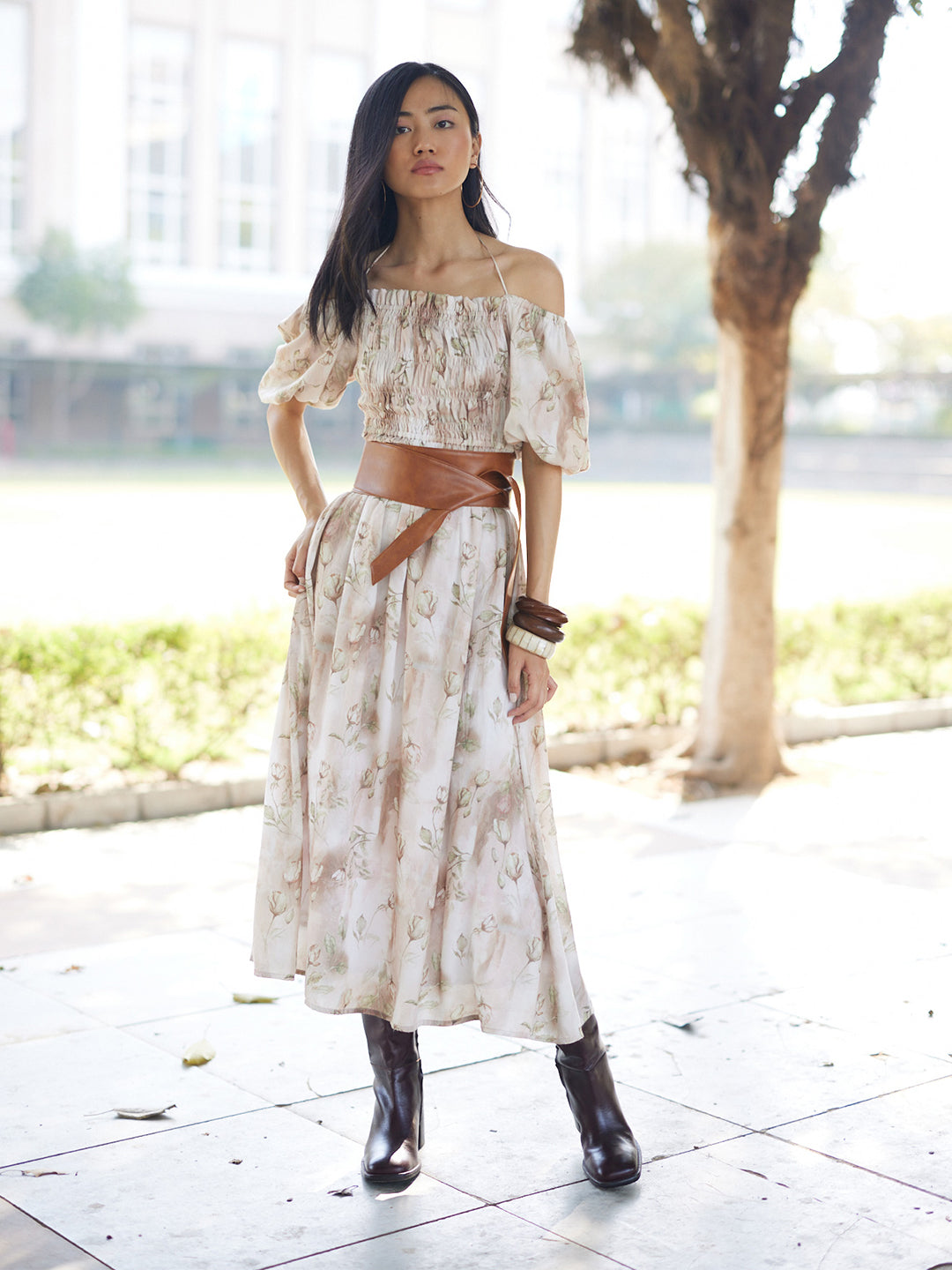 Brown Floral Print A-Line Off-Shoulder Dress-Women Dresses-Crimsoune Club