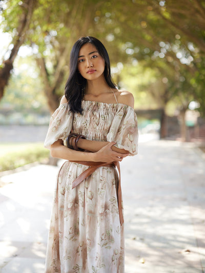 Brown Floral Print A-Line Off-Shoulder Dress-Women Dresses-Crimsoune Club