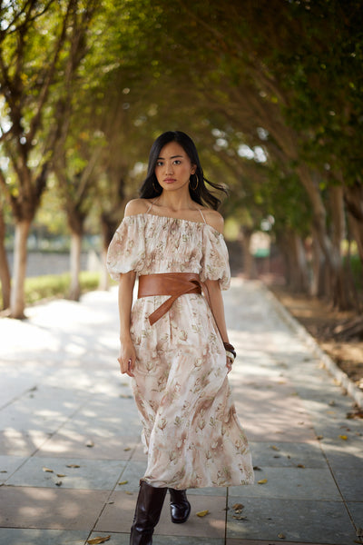 Women's Brown Floral Print A-Line Off-Shoulder Dress-Women Dresses-Crimsoune Club