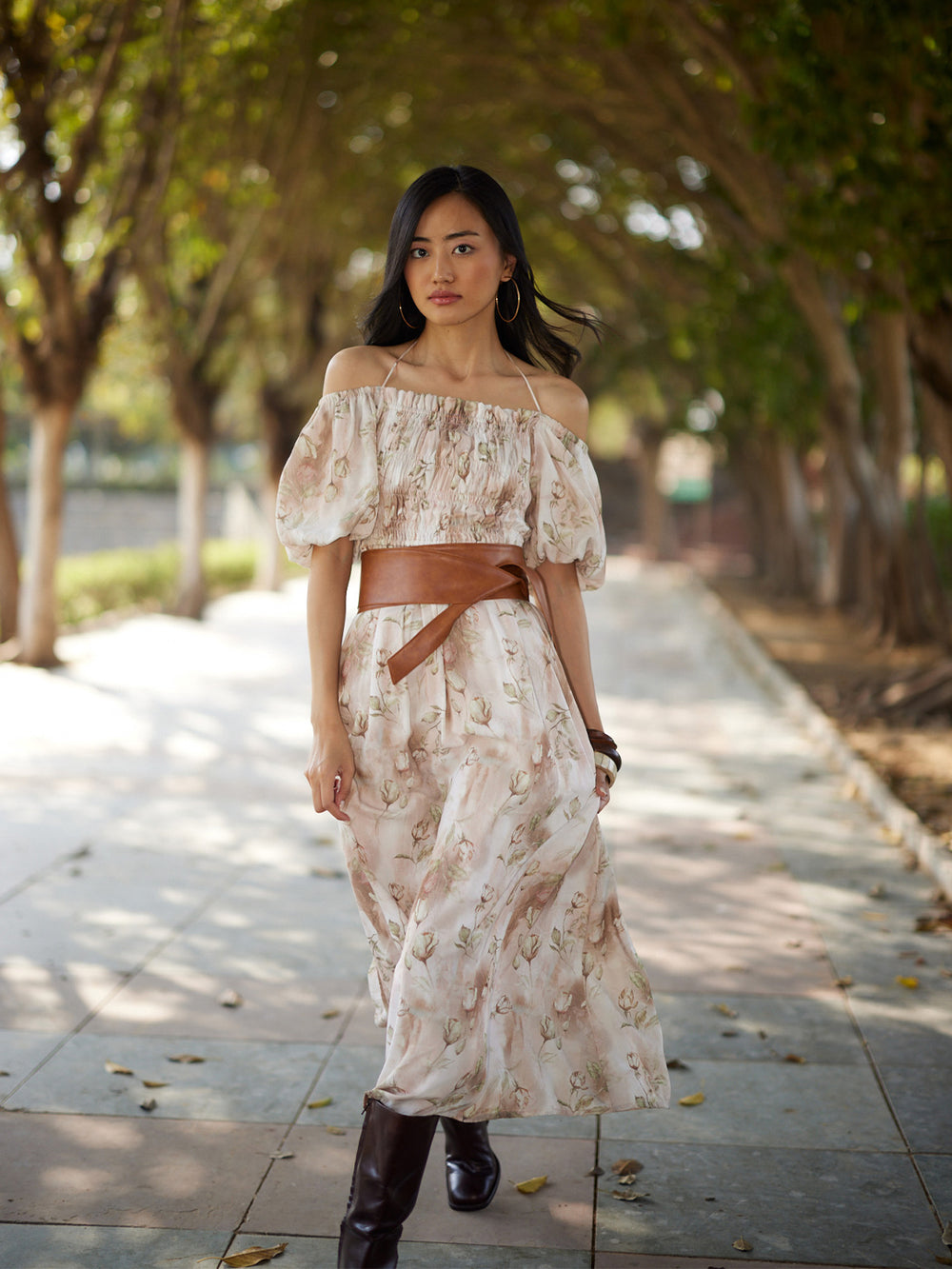 Brown Floral Print A-Line Off-Shoulder Dress-Women Dresses-Crimsoune Club