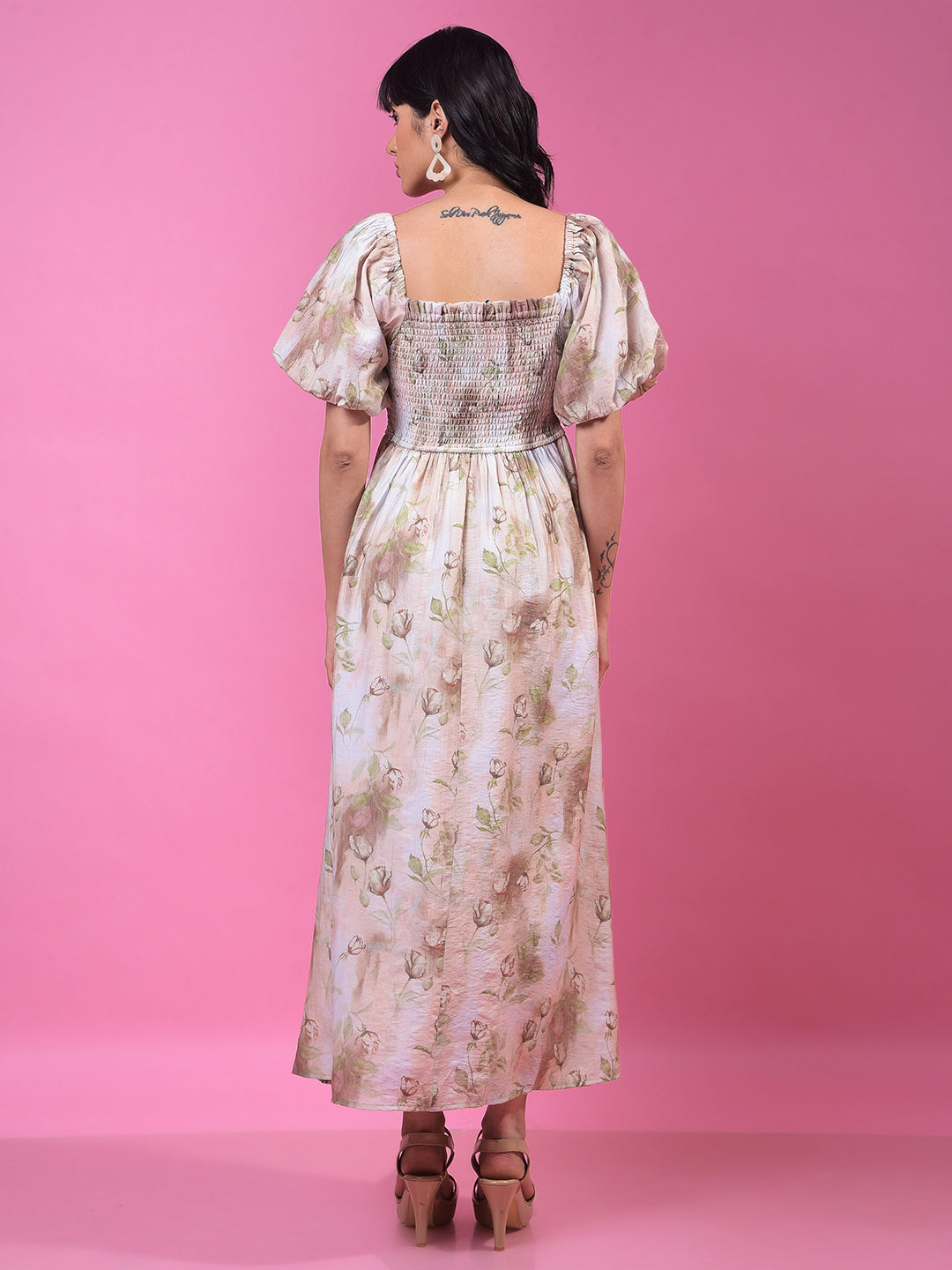 Brown Floral Print A-Line Off-Shoulder Dress-Women Dresses-Crimsoune Club