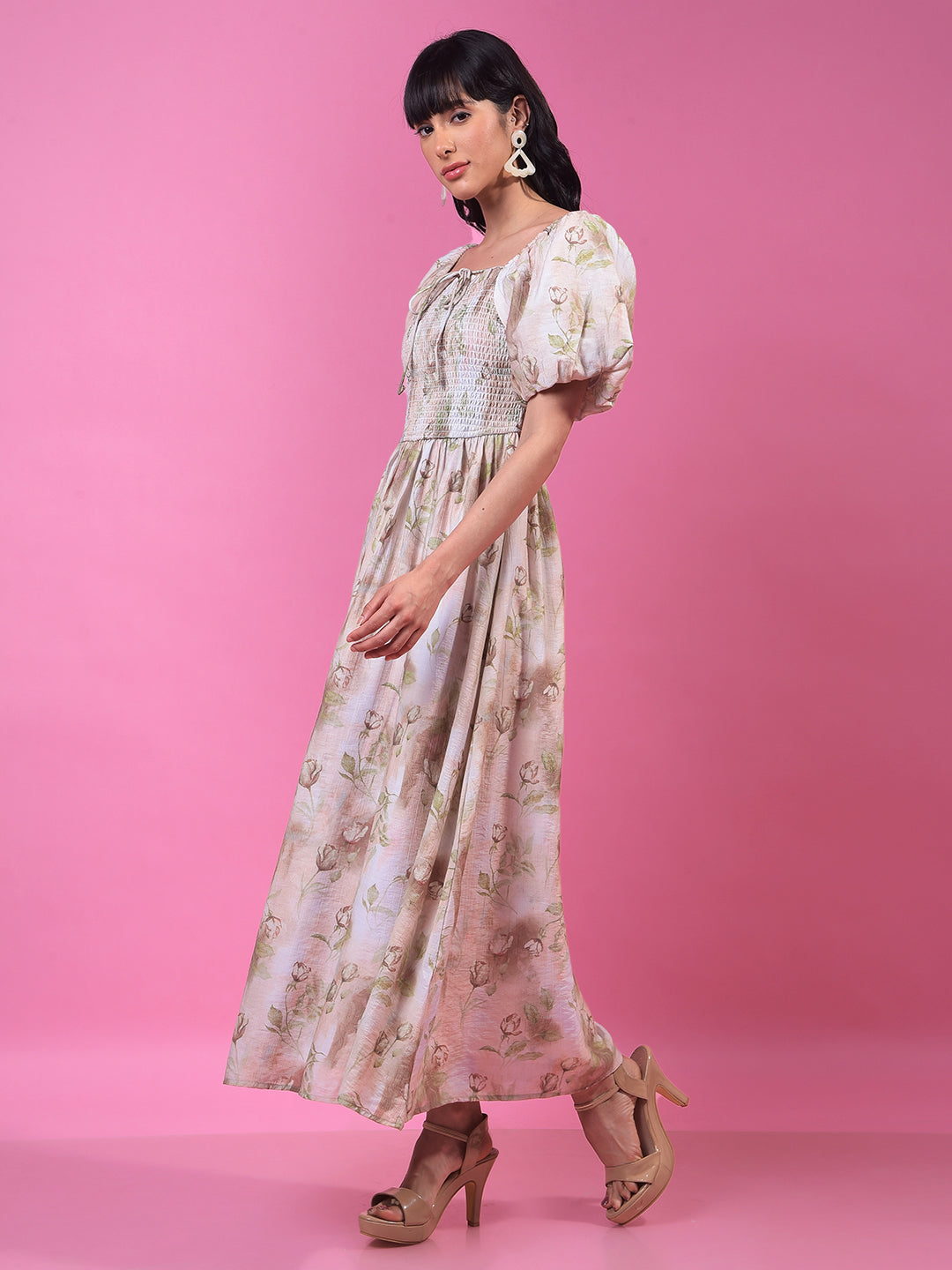 Brown Floral Print A-Line Off-Shoulder Dress-Women Dresses-Crimsoune Club