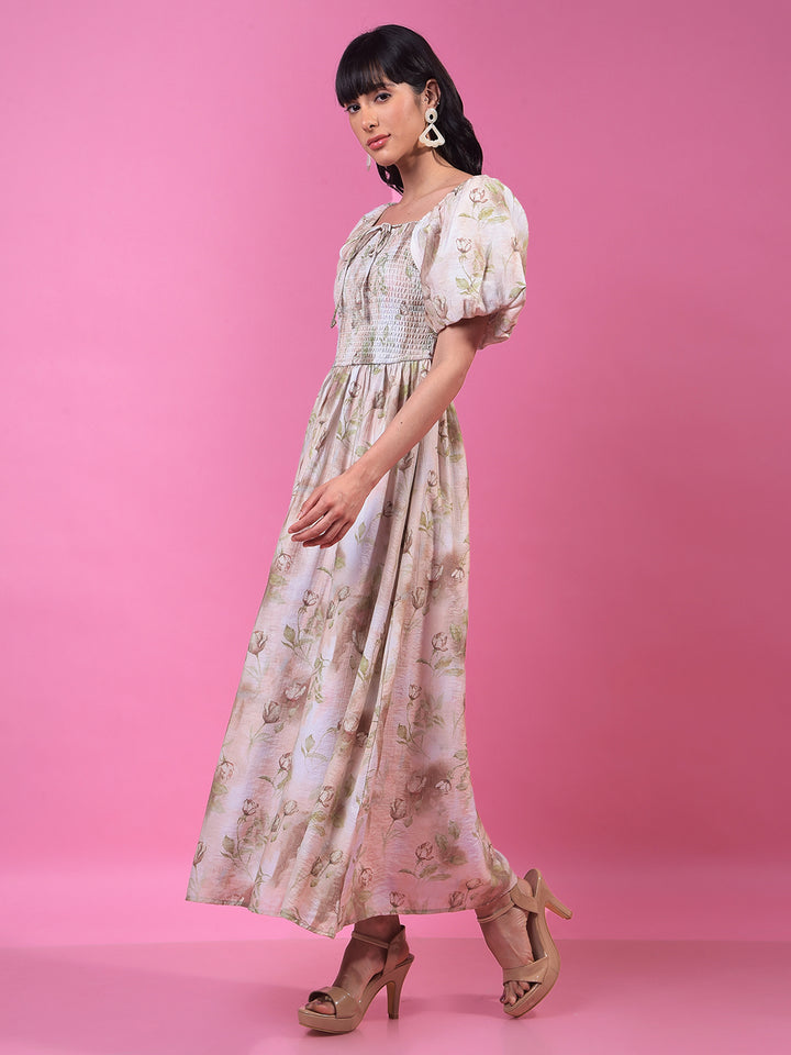 Brown Floral Print A-Line Off-Shoulder Dress-Women Dresses-Crimsoune Club