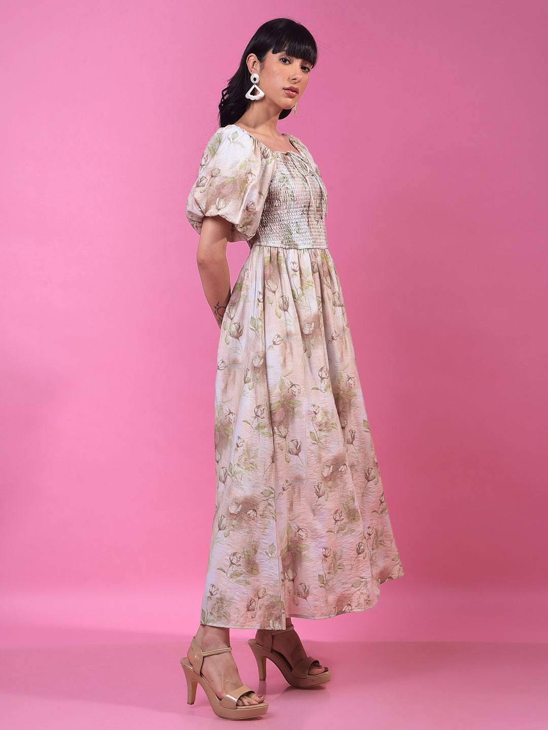 Brown Floral Print A-Line Off-Shoulder Dress-Women Dresses-Crimsoune Club