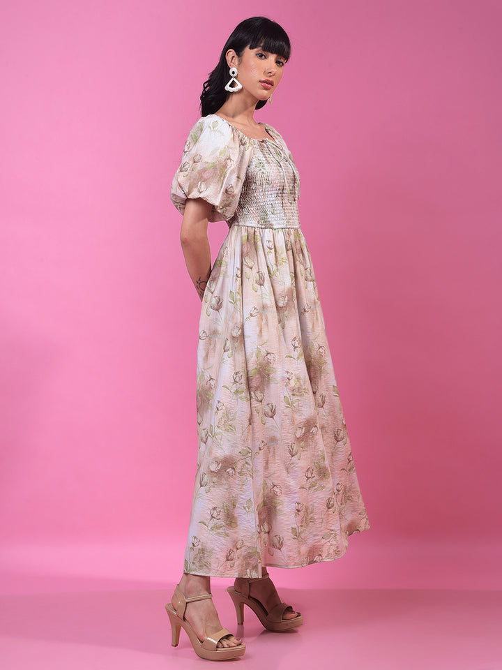 Brown Floral Print A-Line Off-Shoulder Dress-Women Dresses-Crimsoune Club