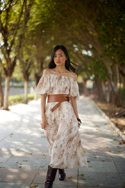 Women's Brown Floral Print A-Line Off-Shoulder Dress-Women Dresses-Crimsoune Club
