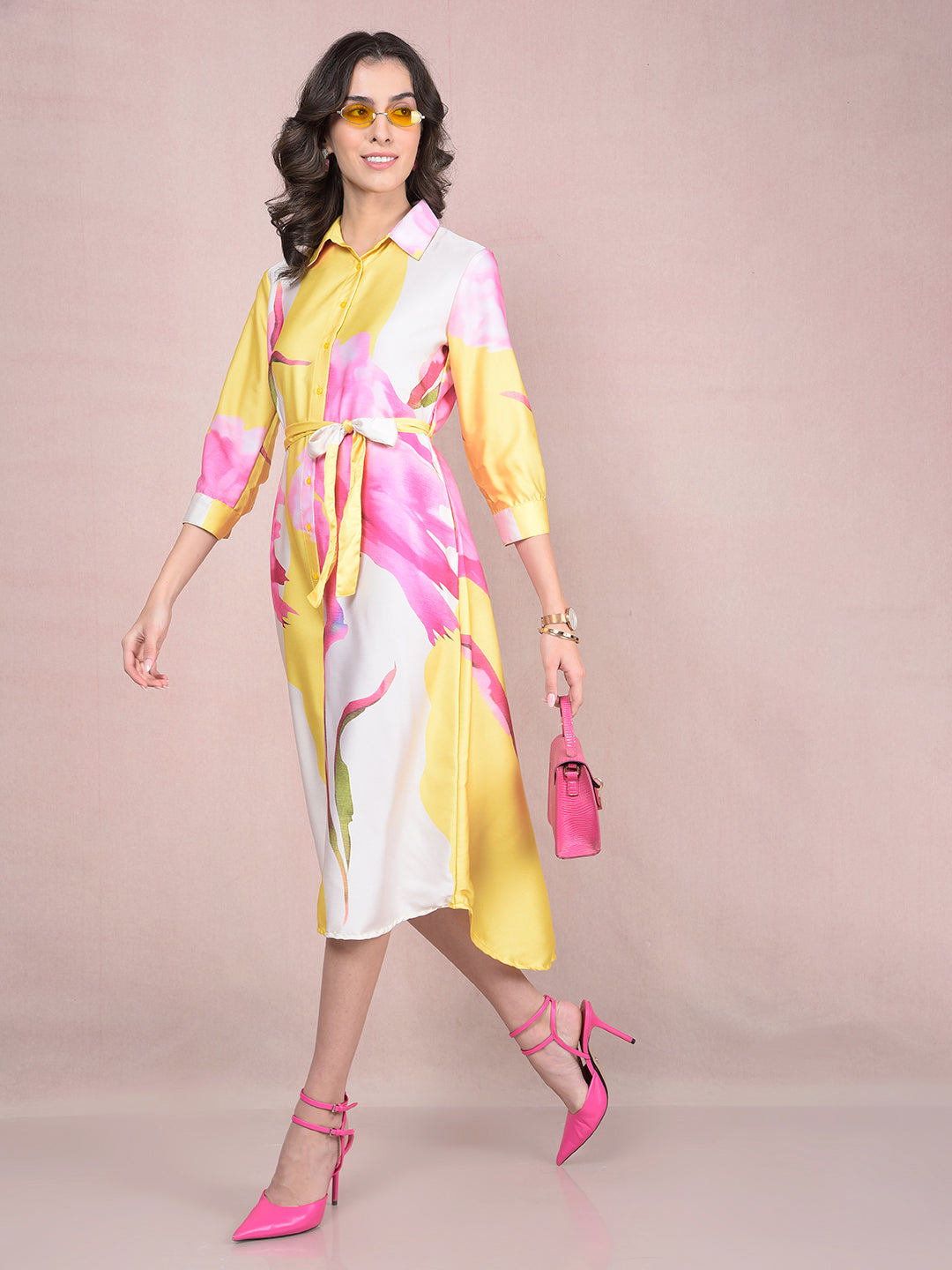 Pink Floral Print Shirt Dress with Belt-Women Dresses-Crimsoune Club