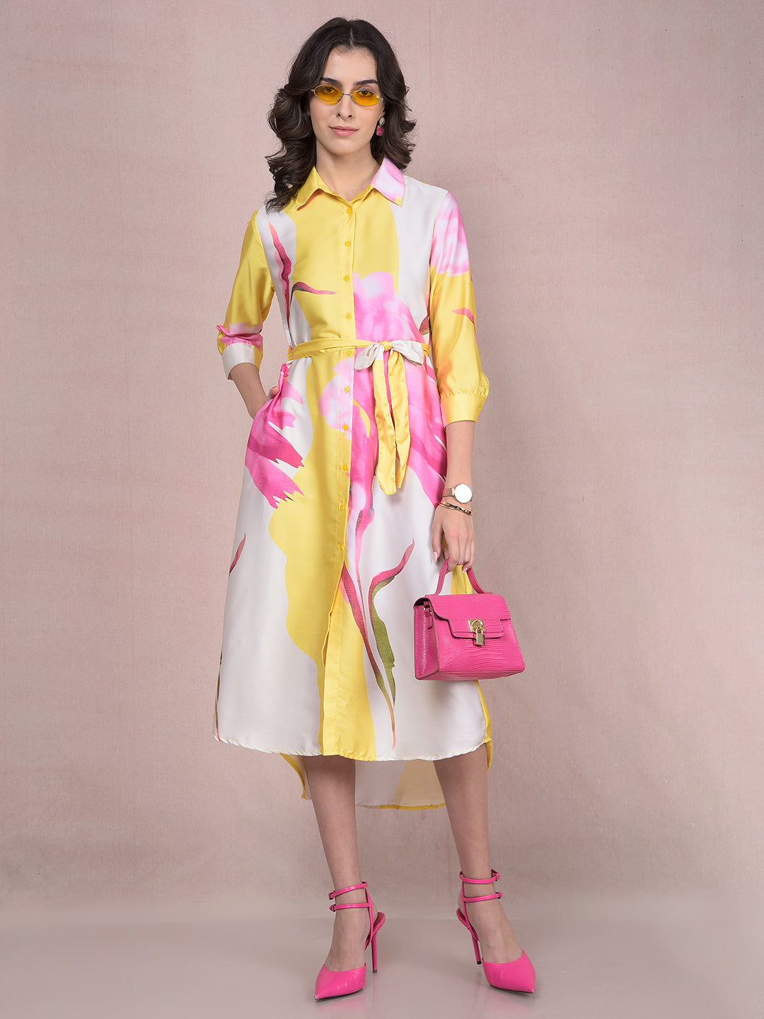Pink Floral Print Shirt Dress with Belt-Women Dresses-Crimsoune Club