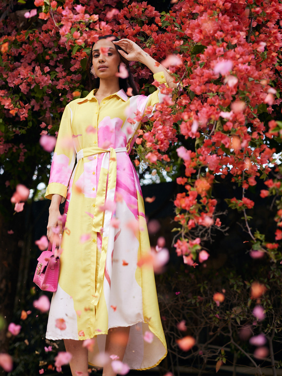 Pink Floral Print Shirt Dress with Belt-Women Dresses-Crimsoune Club