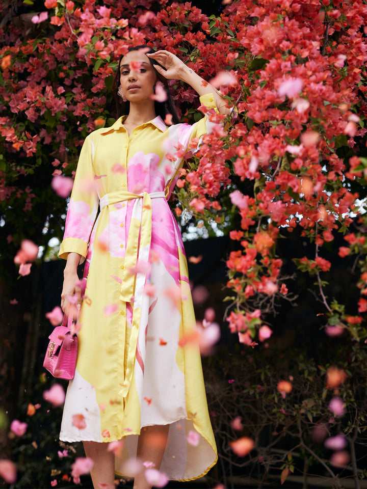 Pink Floral Print Shirt Dress with Belt-Women Dresses-Crimsoune Club