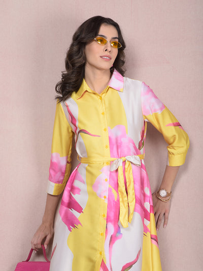 Pink Floral Print Shirt Dress with Belt-Women Dresses-Crimsoune Club