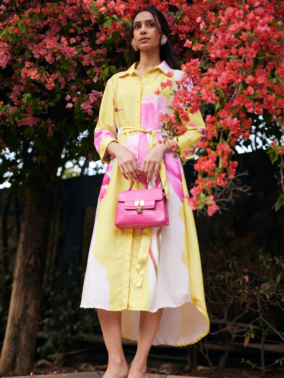 Pink Floral Print Shirt Dress with Belt-Women Dresses-Crimsoune Club