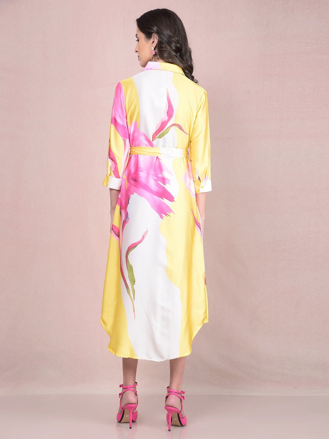 Pink Floral Print Shirt Dress with Belt-Women Dresses-Crimsoune Club