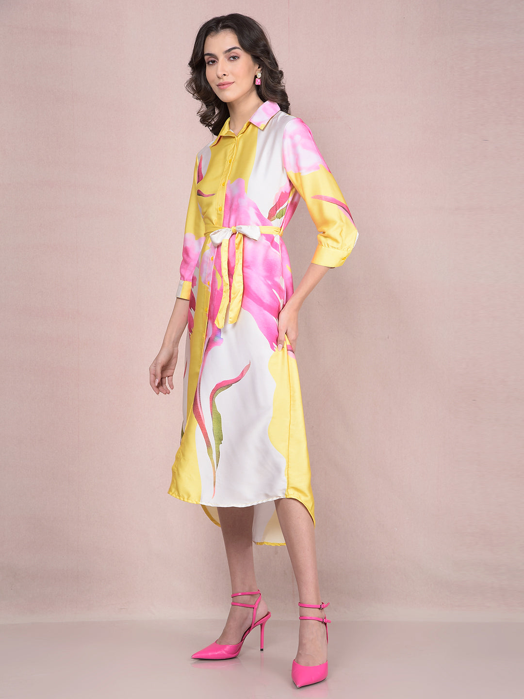 Pink Floral Print Shirt Dress with Belt-Women Dresses-Crimsoune Club