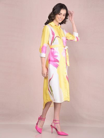 Pink Floral Print Shirt Dress with Belt-Women Dresses-Crimsoune Club