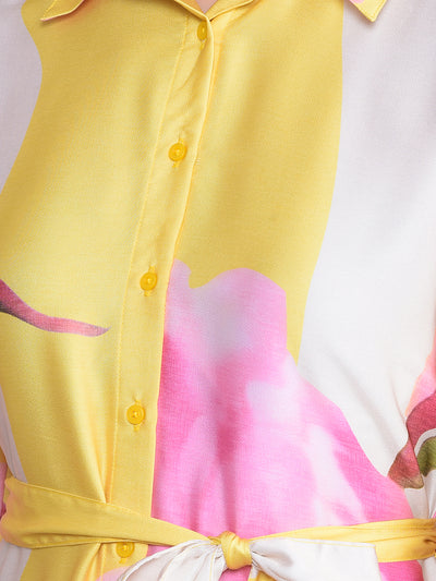 Pink Floral Print Shirt Dress with Belt-Women Dresses-Crimsoune Club