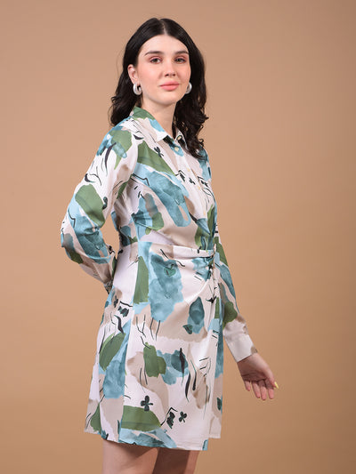 Women's Green Printed Shirt Dress-Women Dress-Crimsoune Club