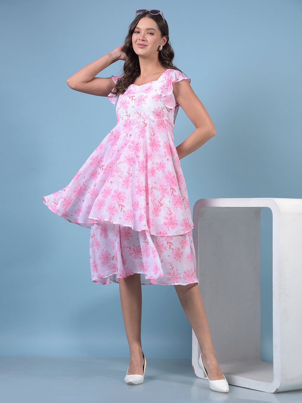 Women's Pink Floral Print Square Neck A-Line Dress-Women Dresses-Crimsoune Club