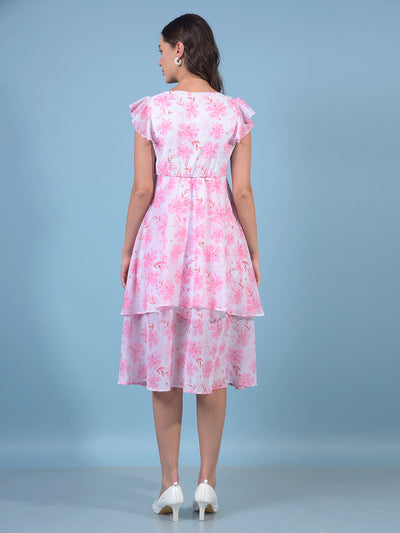 Women's Pink Floral Print Square Neck A-Line Dress-Women Dresses-Crimsoune Club