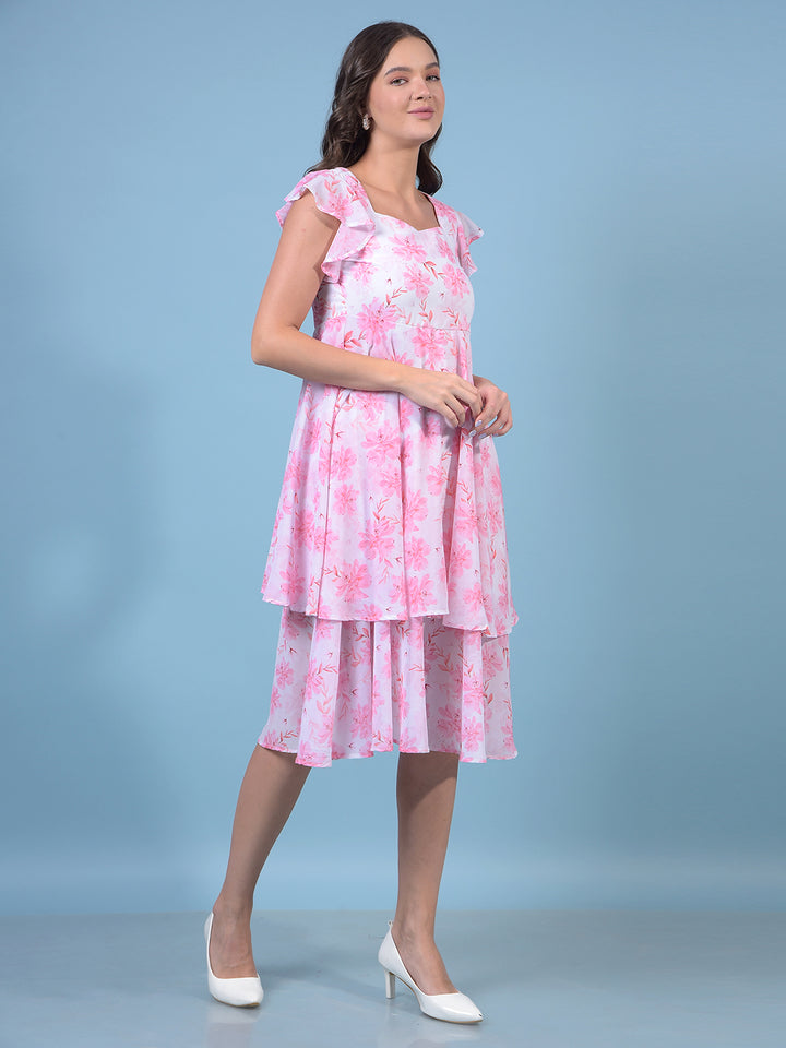 Women's Pink Floral Print Square Neck A-Line Dress-Women Dresses-Crimsoune Club