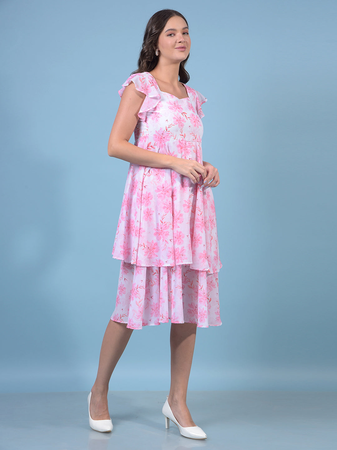 Women's Pink Floral Print Square Neck A-Line Dress-Women Dresses-Crimsoune Club
