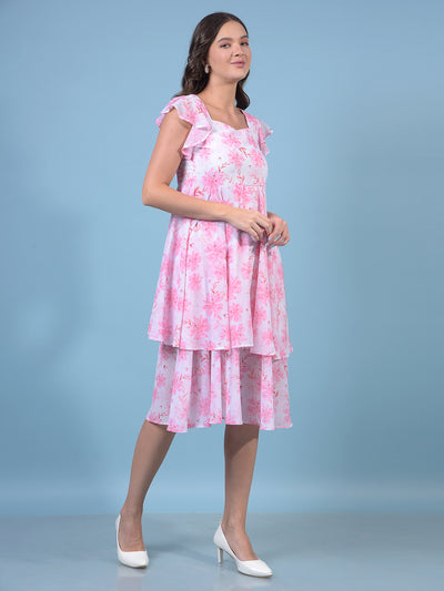 Women's Pink Floral Print Square Neck A-Line Dress-Women Dresses-Crimsoune Club