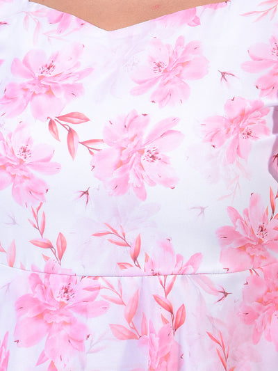 Women's Pink Floral Print Square Neck A-Line Dress-Women Dresses-Crimsoune Club