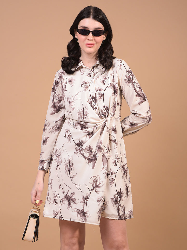Women's Brown Floral Print Shirt Dress-Women Dress-Crimsoune Club