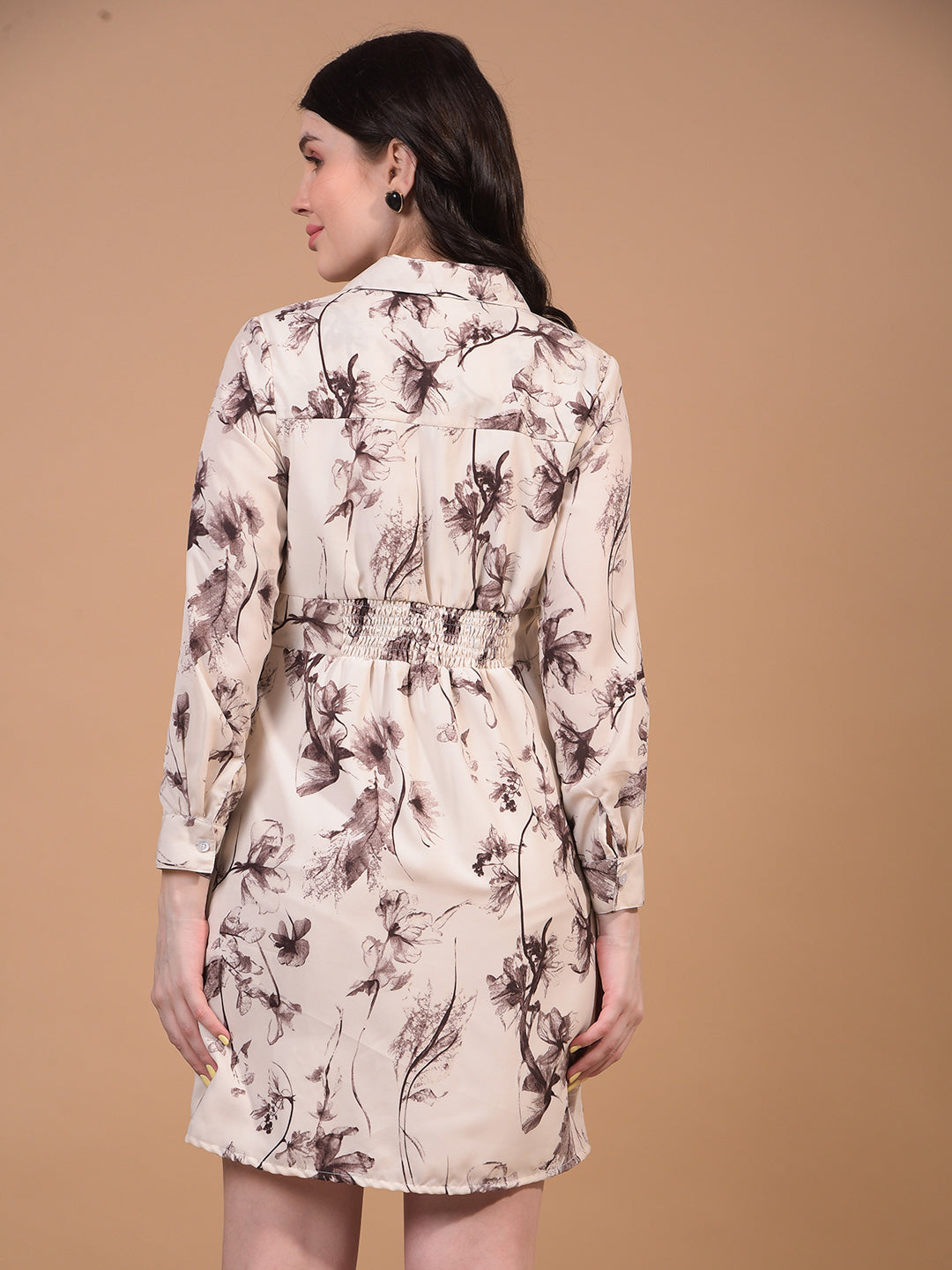 Women's Brown Floral Print Shirt Dress-Women Dress-Crimsoune Club