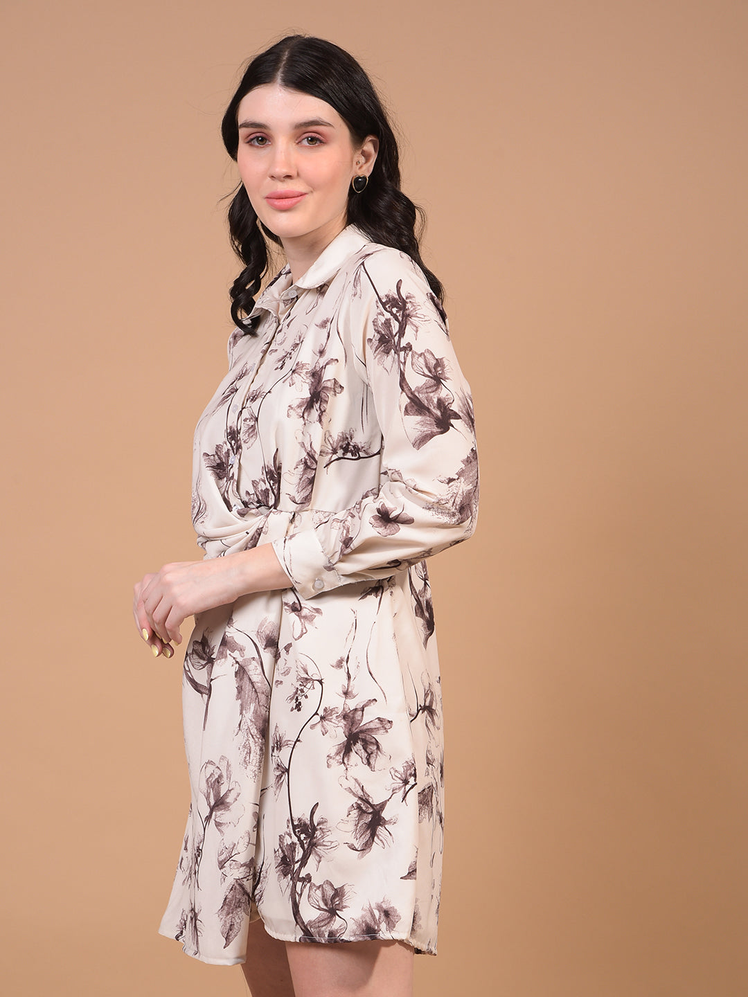Women's Brown Floral Print Shirt Dress-Women Dress-Crimsoune Club