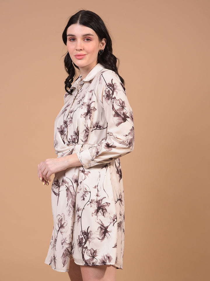 Women's Brown Floral Print Shirt Dress-Women Dress-Crimsoune Club