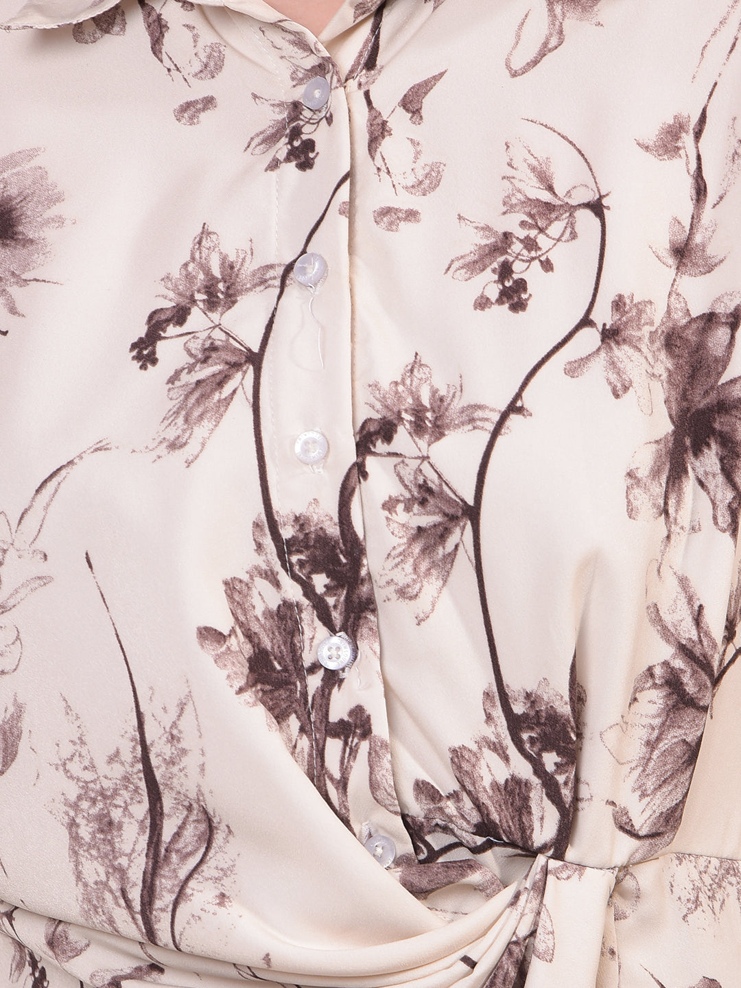 Women's Brown Floral Print Shirt Dress-Women Dress-Crimsoune Club