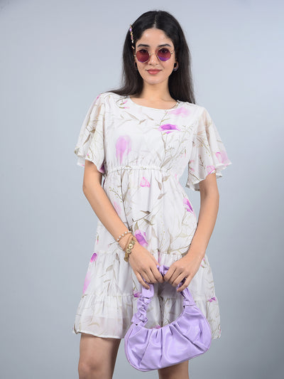 Purple Floral Print Mini Dress-Women Dresses-Crimsoune Club