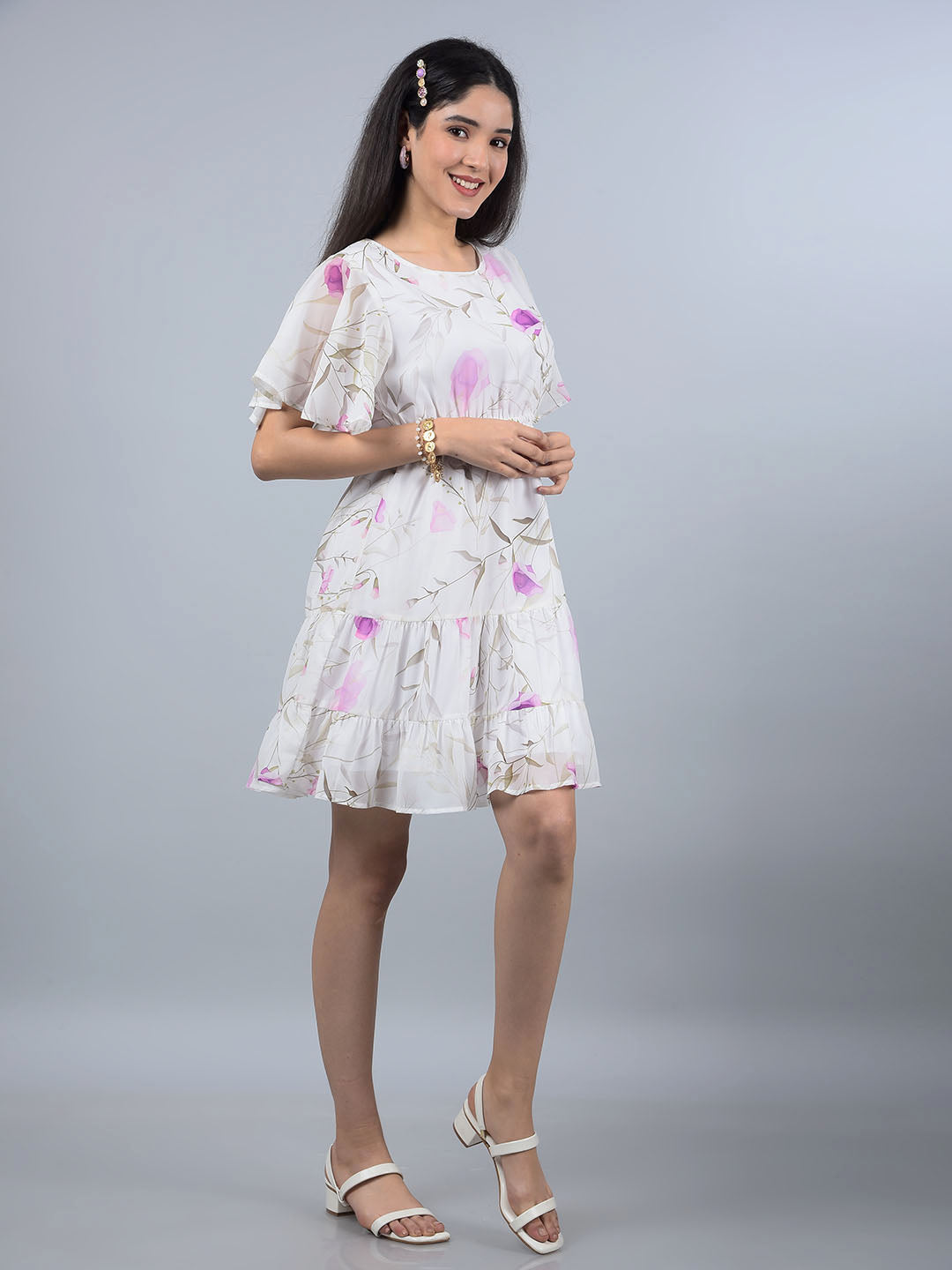 Purple Floral Print Mini Dress-Women Dresses-Crimsoune Club
