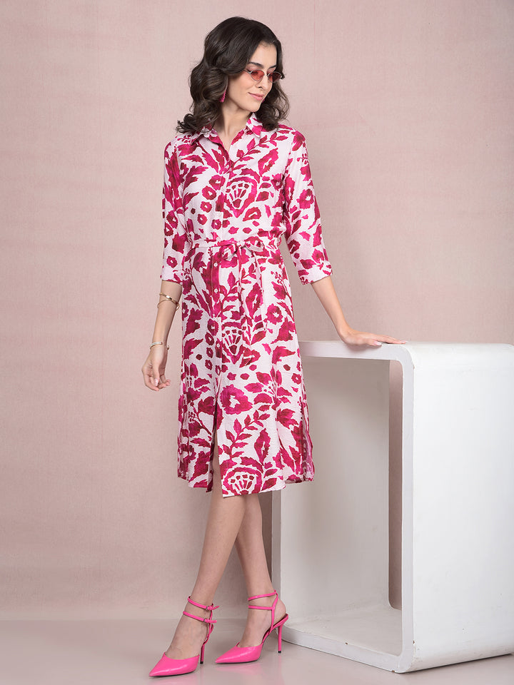 Red Floral Print Shirt Dress with Belt-Women Dresses-Crimsoune Club