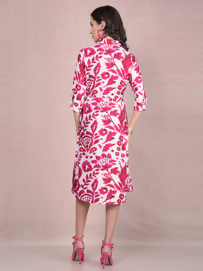 Red Floral Print Shirt Dress with Belt-Women Dresses-Crimsoune Club