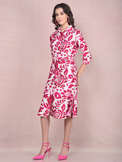 Red Floral Print Shirt Dress with Belt-Women Dresses-Crimsoune Club