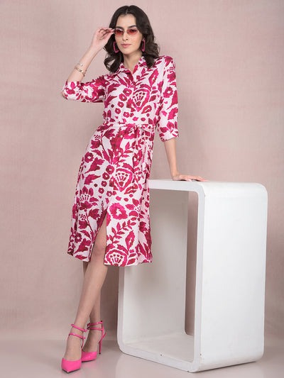 Red Floral Print Shirt Dress with Belt-Women Dresses-Crimsoune Club