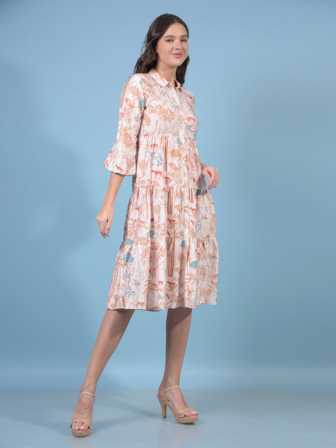 Women's Orange Floral Print Shirt Dress-Women Dresses-Crimsoune Club